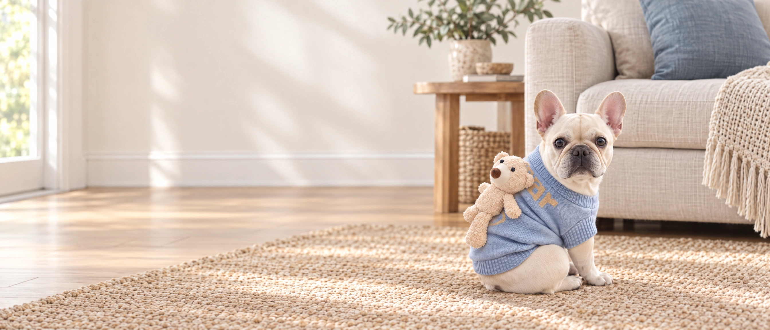 French bulldog wearing the Blue Teddy Bear Dog Sweater looking ahead in a warm home living room
