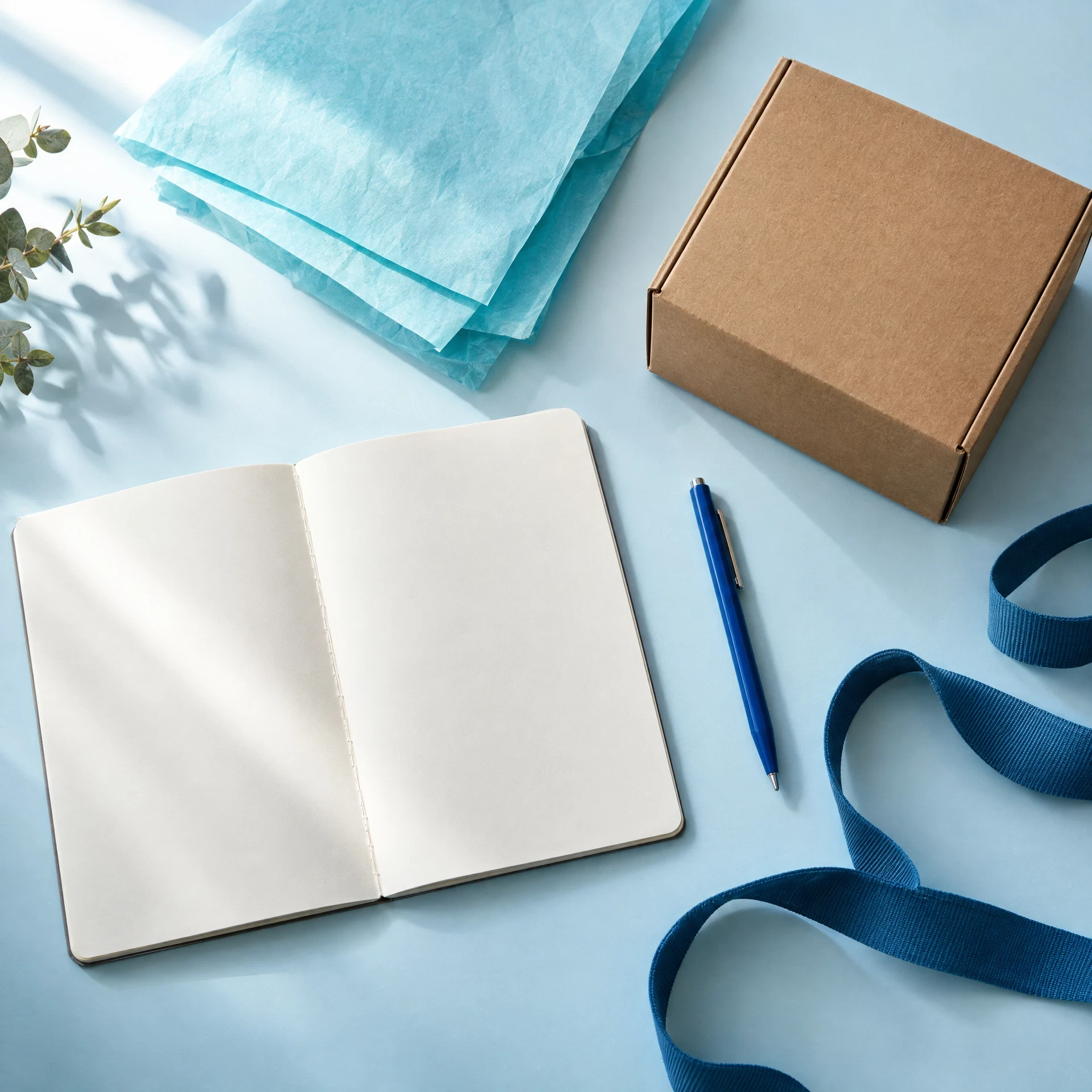 Styled editorial still life of blue stationery, packing tissue, and an unbranded shipping box