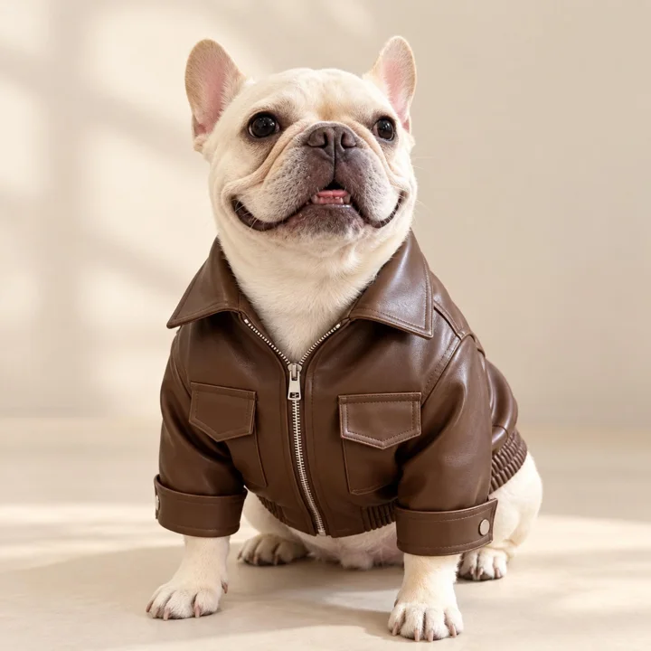 Brown Faux Leather Dog Jacket, Vintage Biker Coat for French Bulldogs & Small Dogs