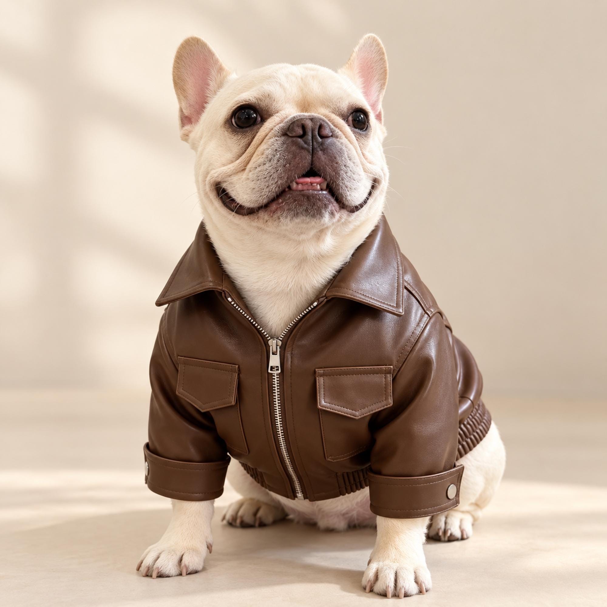 Brown Faux Leather Dog Jacket, Vintage Biker Coat for French Bulldogs & Small Dogs — gallery photo 1