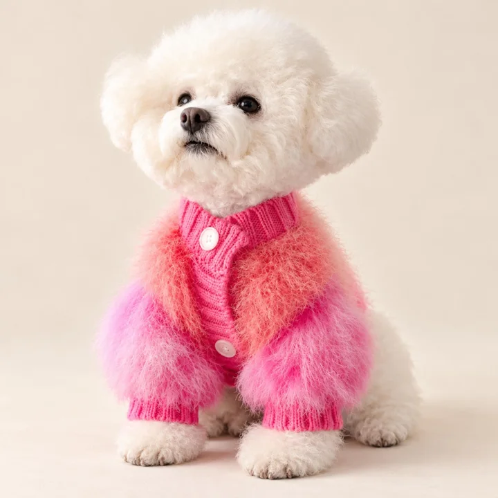 Pink Fuzzy Pet Cardigan, Button Front Sweater, Winter Clothes for Small Dogs and Cats