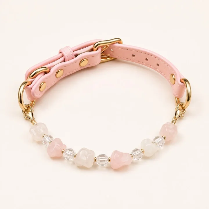 Rose Quartz Pet Collar, Pink Leather Crystal Collar With Gold Hardware for Cats & Dogs