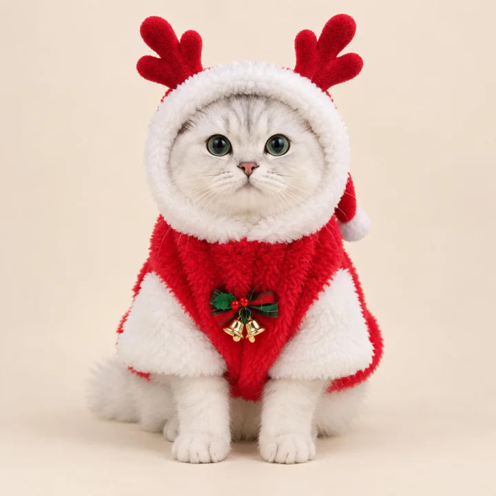 Red Reindeer Pet Costume, Plush Christmas Outfit With Antlers for Dogs & Cats