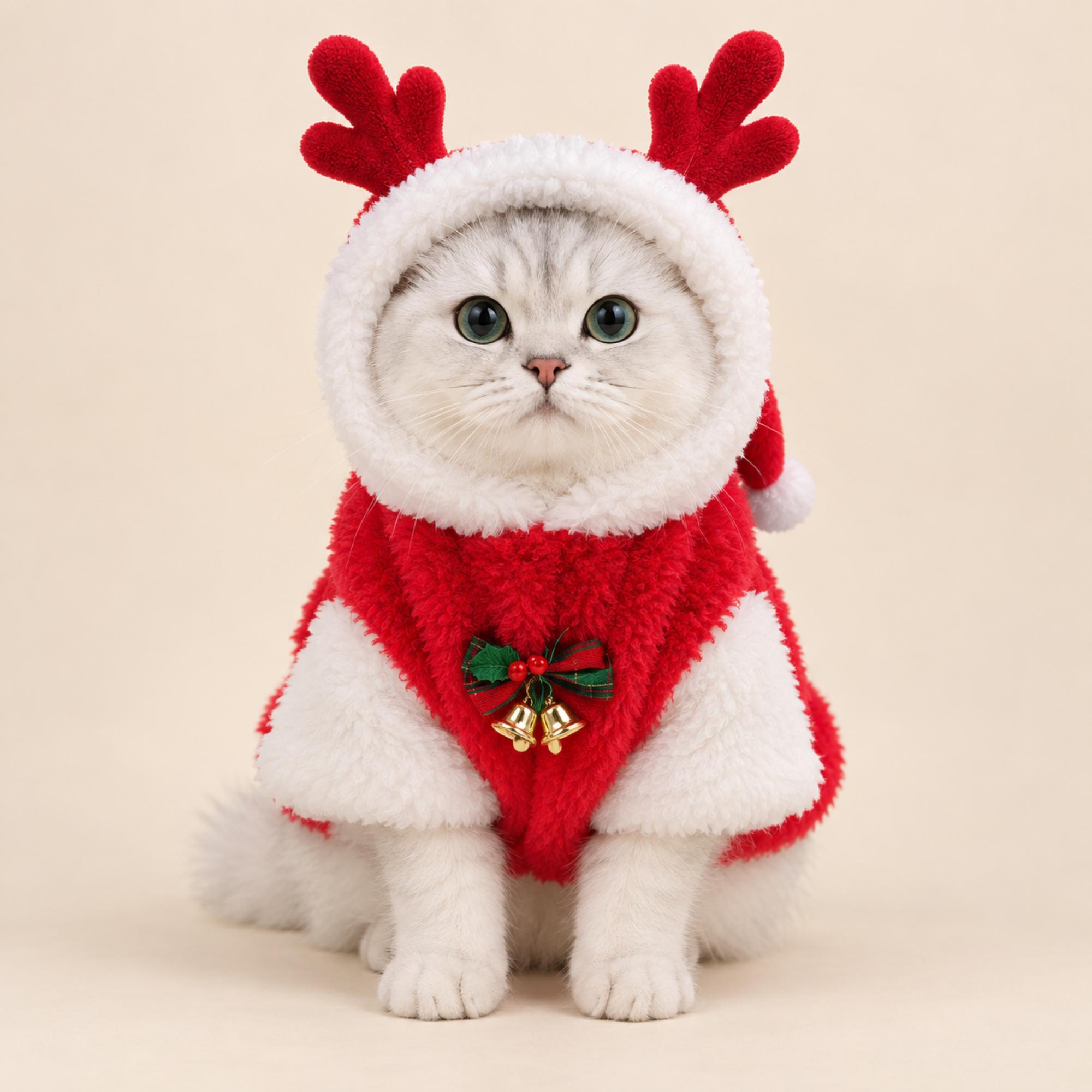 Red Reindeer Pet Costume, Plush Christmas Outfit With Antlers for Dogs & Cats