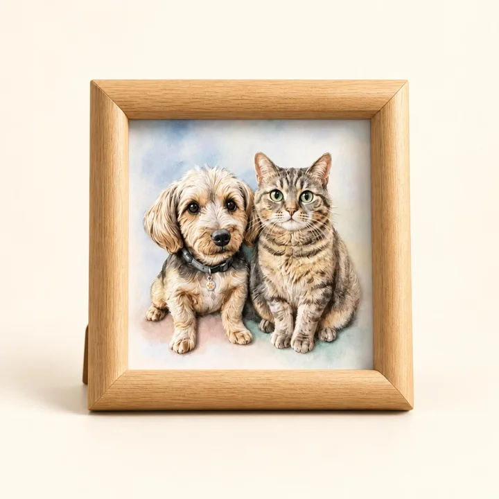 Custom Pet Portrait From Photo, Personalized Dog & Cat Art With Natural Wood Frame