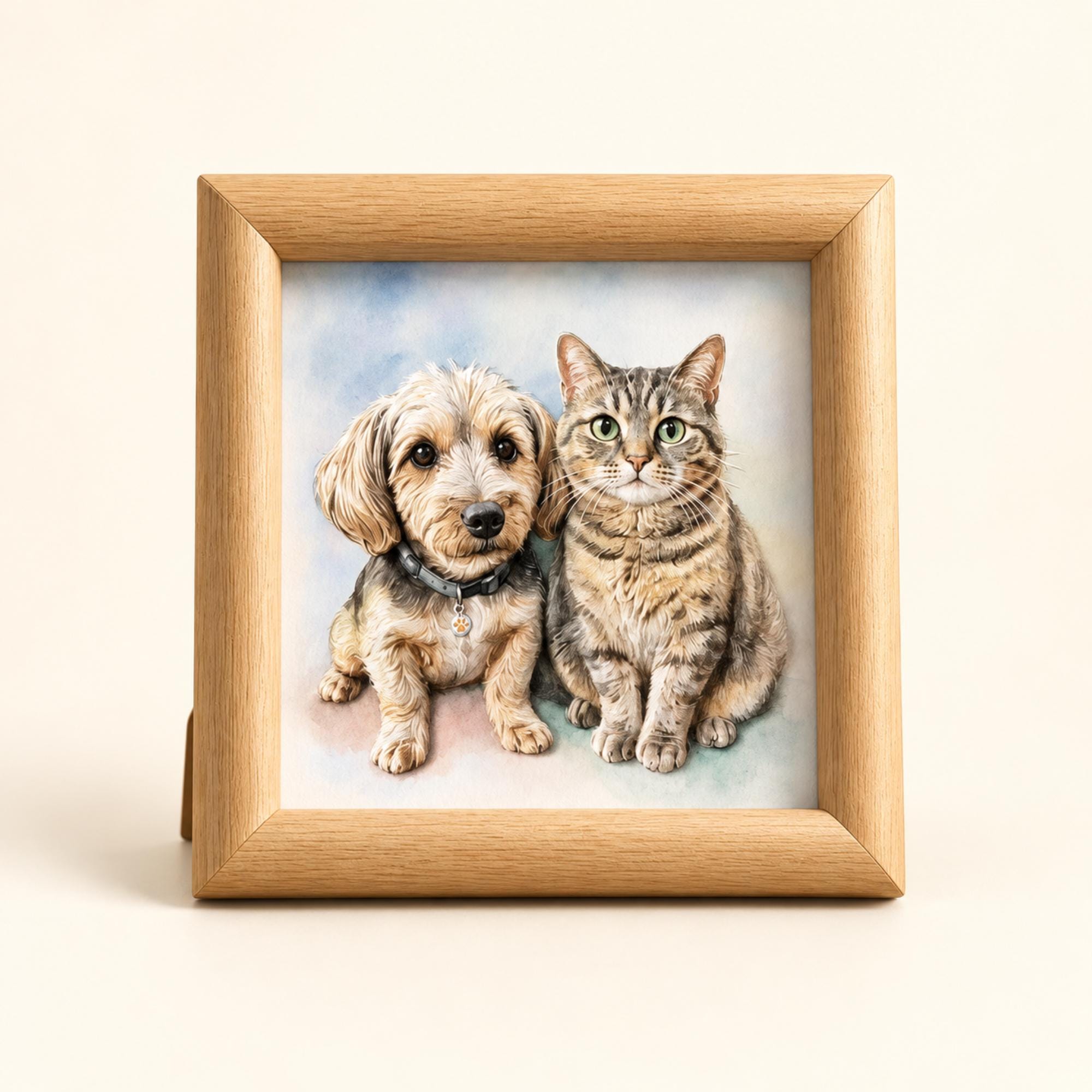 Custom Pet Portrait From Photo, Personalized Dog & Cat Art With Natural Wood Frame — gallery photo 1