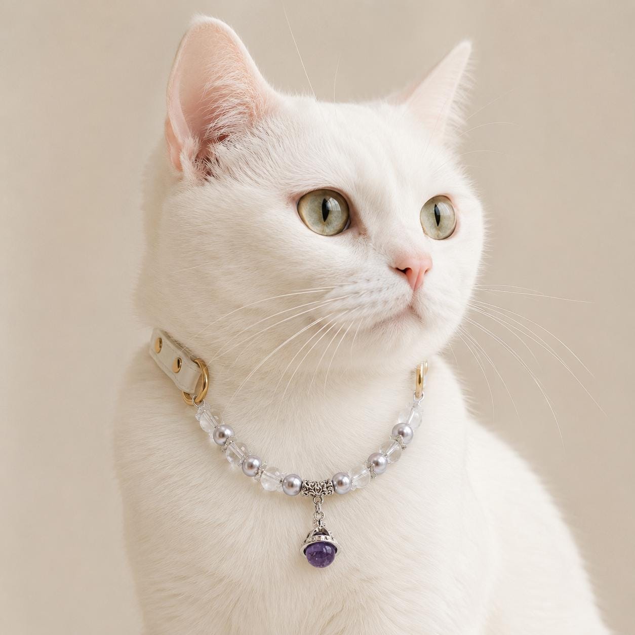 Pearl Dog Collar With Crystal Beads, Adjustable White Pet Necklace and Purple Charm