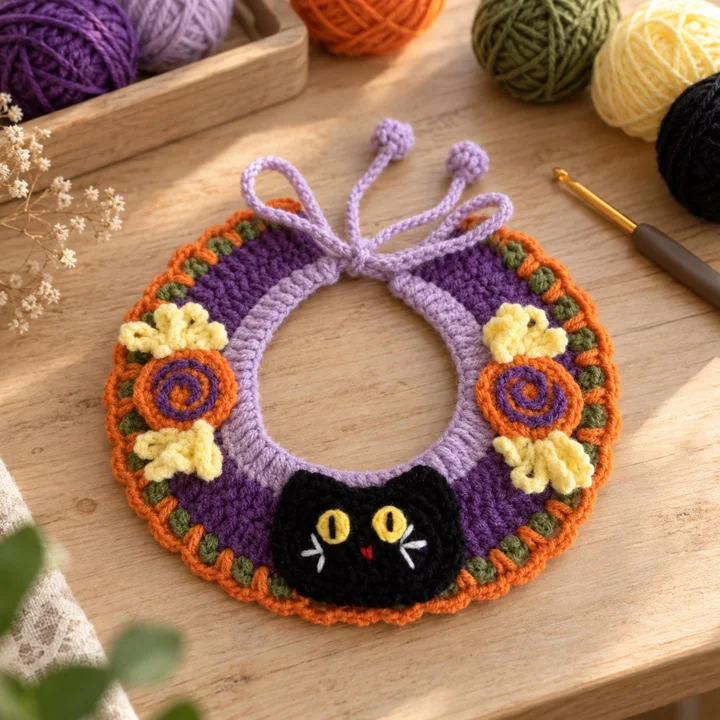 Black Cat Crochet Halloween Pet Collar — gallery photo 7