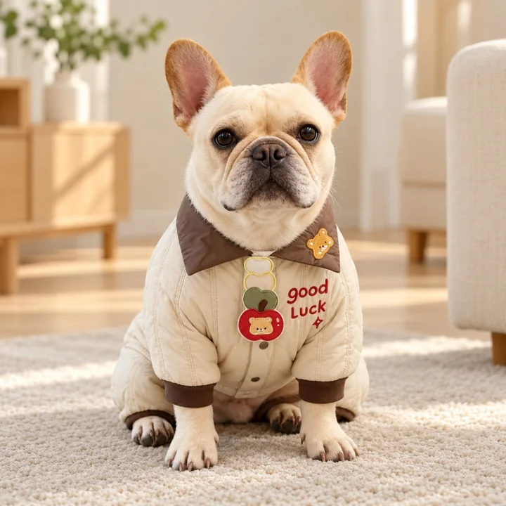 Cream Quilted Dog Jumpsuit, Good Luck Winter Pet Outfit for French Bulldogs