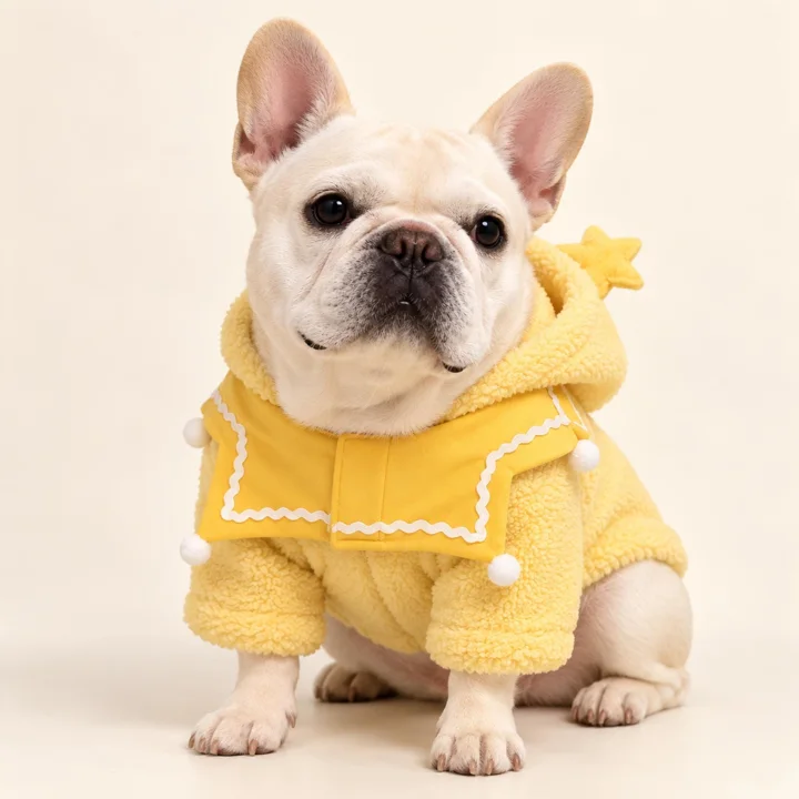 Yellow Star Hood Dog Outfit, Cozy Plush Pet Costume for French Bulldogs & Small Dogs