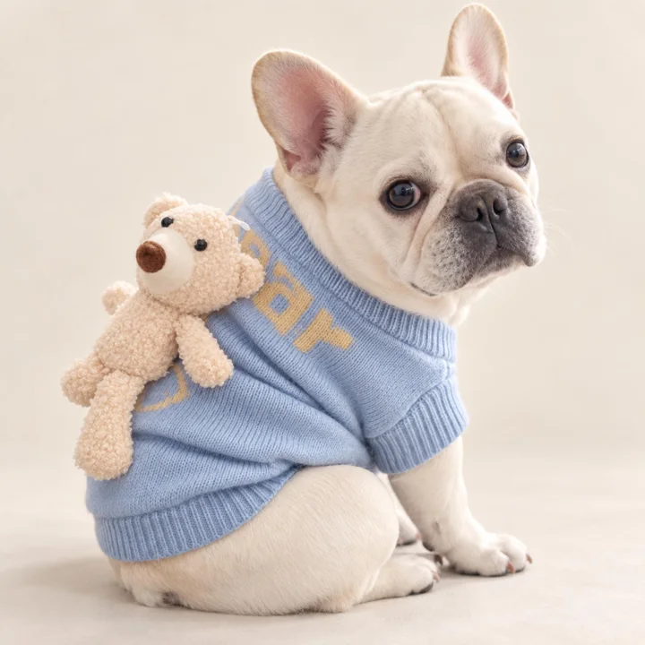 Blue Teddy Bear Dog Sweater, Cozy Knit Pet Jumper With Plush Bear Detail
