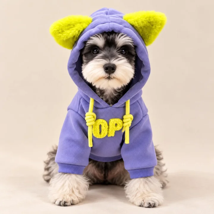 Purple Pet Hoodie With Neon Yellow Ears, Cat and Dog Sweatshirt