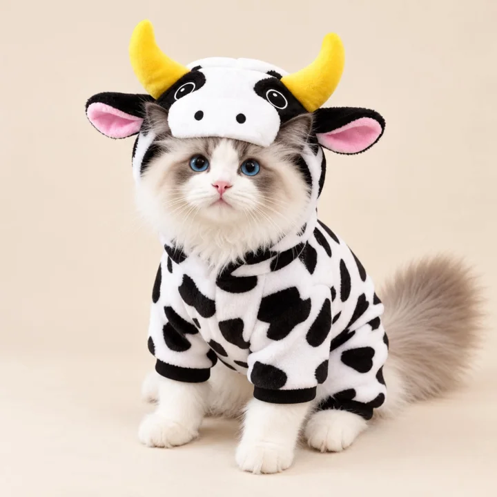 Cow Pet Costume, Hooded Farm Animal Outfit, Cozy Clothes for Cats and Dogs