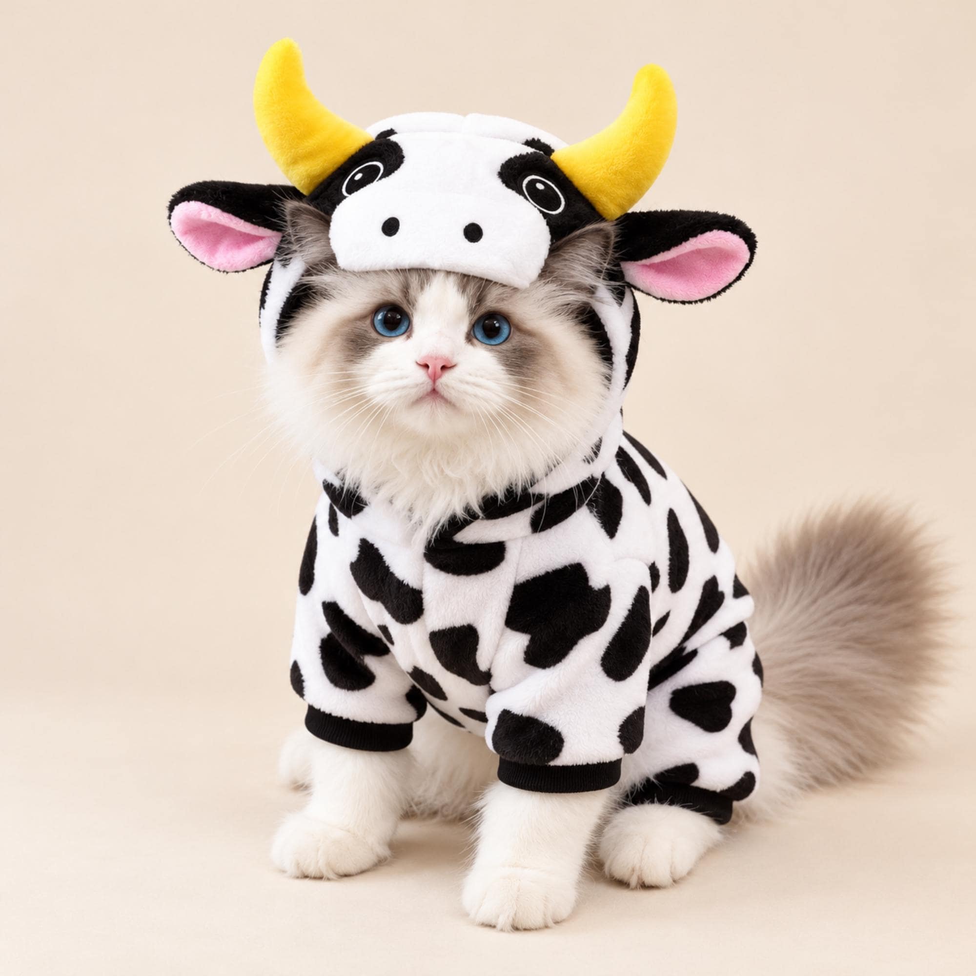 Cow Pet Costume, Hooded Farm Animal Outfit, Cozy Clothes for Cats and Dogs — gallery photo 1