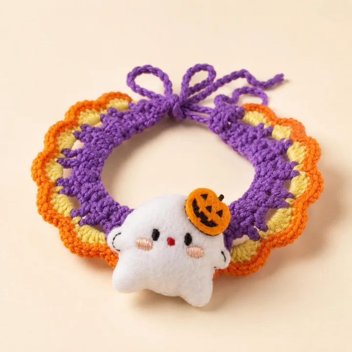Ghost Crochet Halloween Pet Collar, Purple Orange Dog & Cat Costume