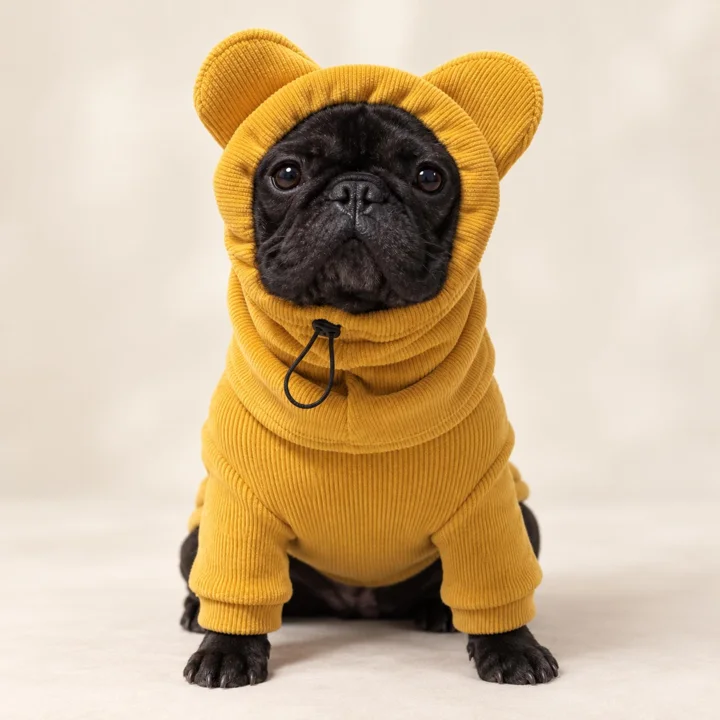 Mustard Yellow Bear Ear Dog Hoodie, Cozy Pet Sweatshirt for French Bulldogs