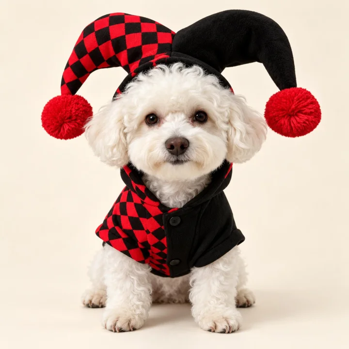 Halloween Jester Dog Costume, Red Black Harlequin Pet Hoodie With Pom Poms