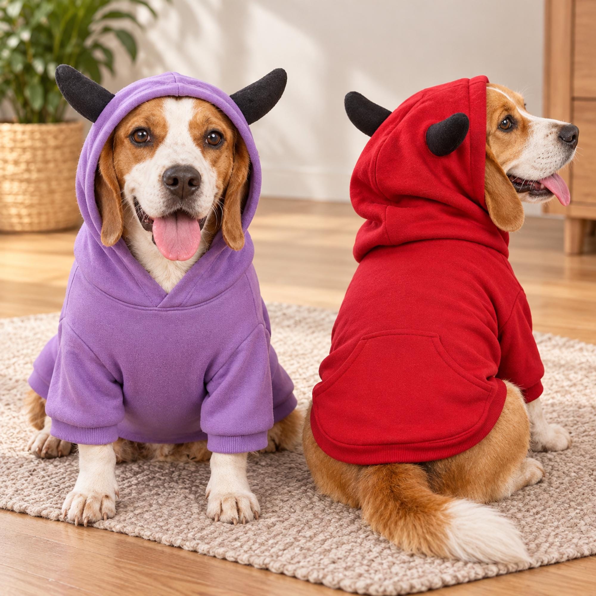 Devil Dog Hoodie, Red or Purple Halloween Pet Sweatshirt With Black Horns — gallery photo 1