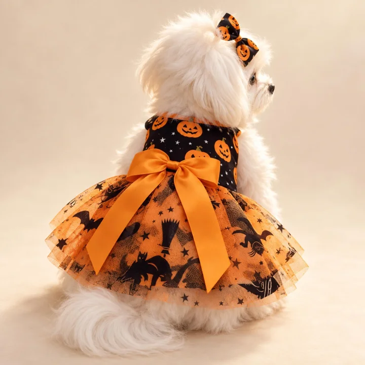 Pumpkin Halloween Dog Dress, Orange Tulle Pet Costume With Bow for Small Dogs