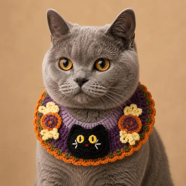 Black Cat Crochet Halloween Pet Collar — gallery photo 4