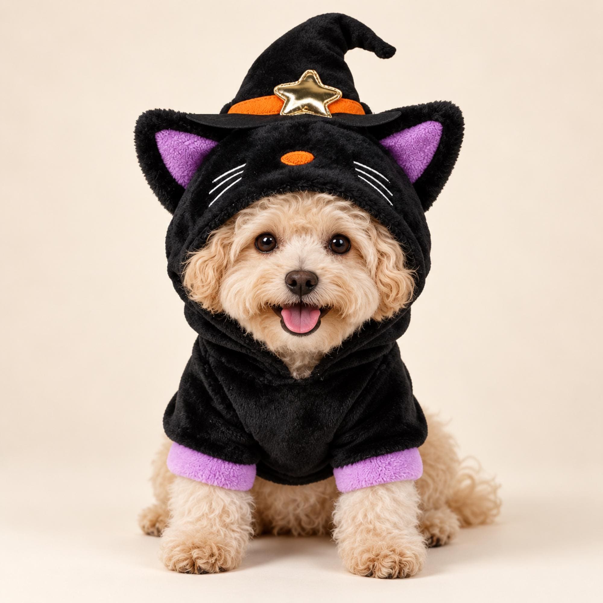 Black Cat Witch Dog Costume, Plush Halloween Hoodie for Small Dogs & Cats