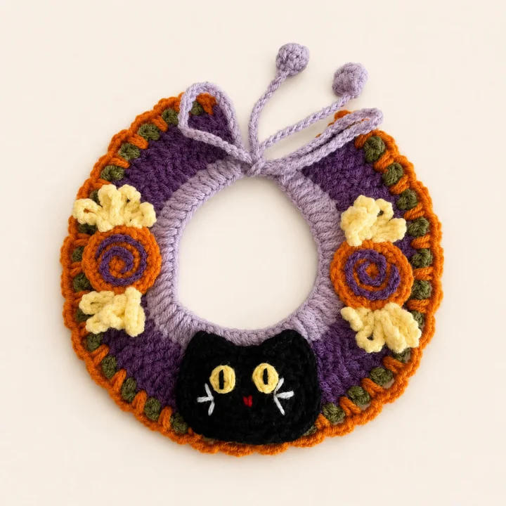 Black Cat Crochet Halloween Pet Collar — gallery photo 2