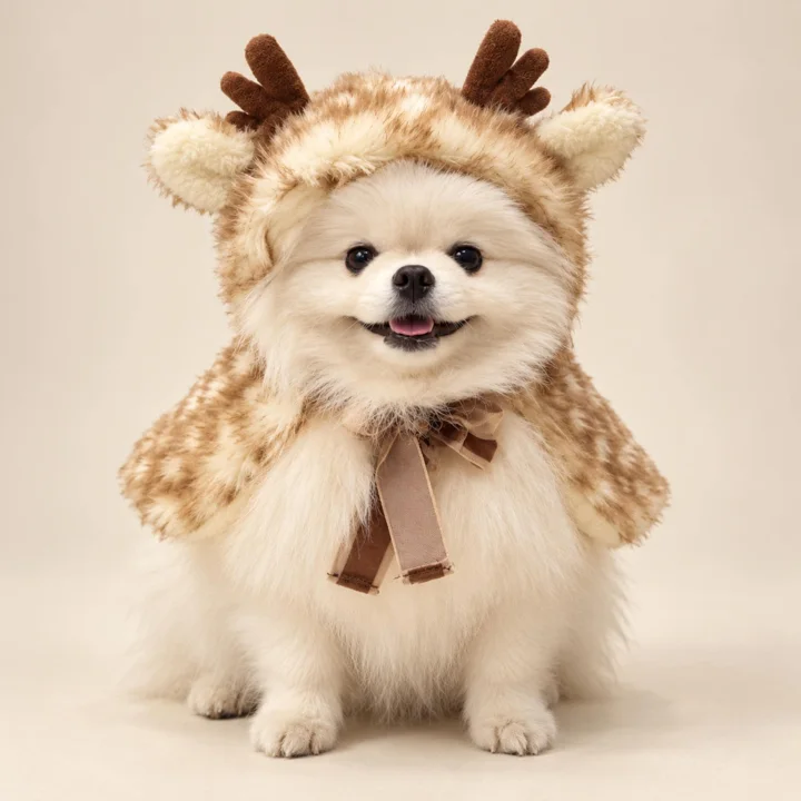 Reindeer Dog Cape, Fawn Spotted Christmas Pet Costume With Antlers and Bow