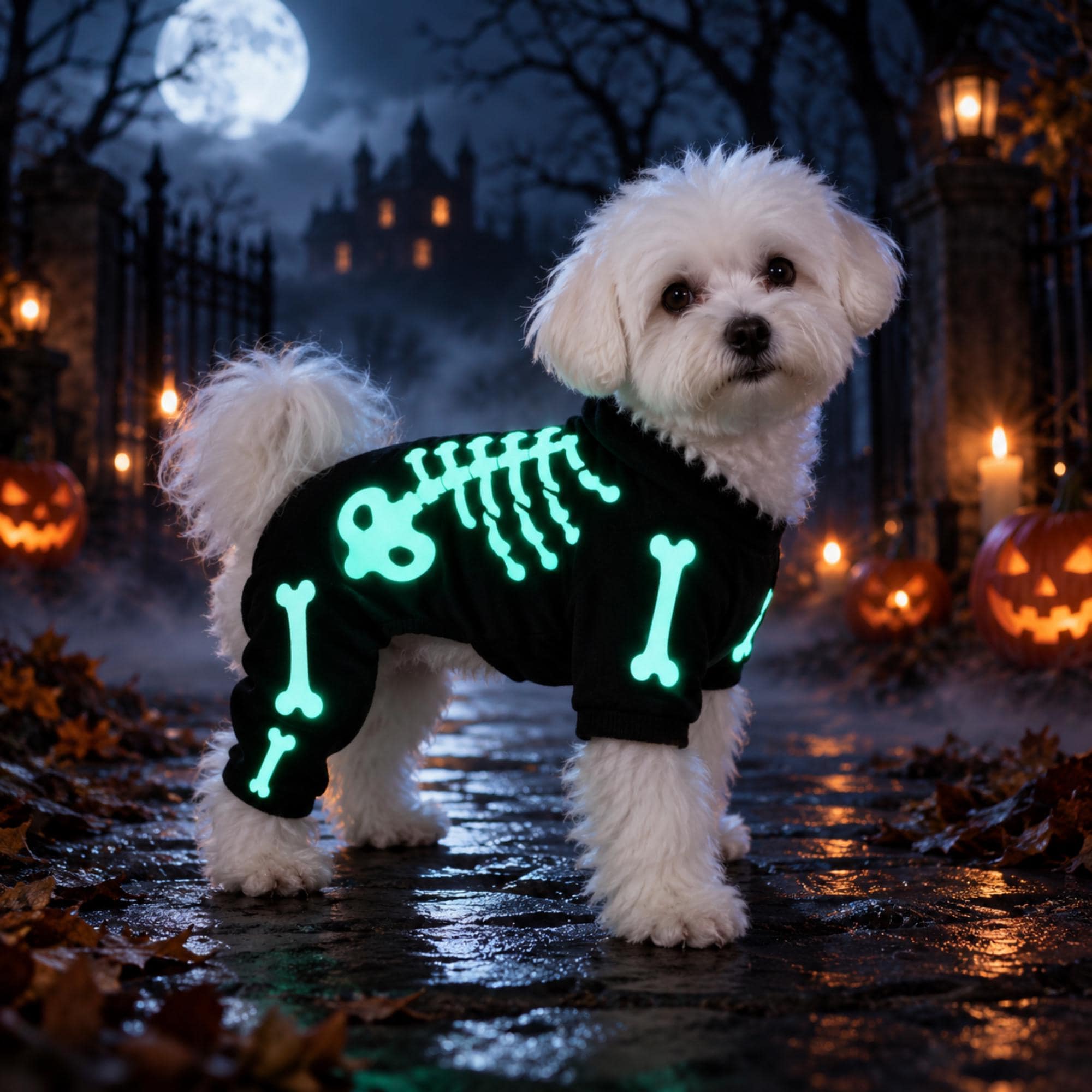 Glow in the Dark Skeleton Dog Costume, Black Halloween Pet Jumpsuit for Dogs & Cats