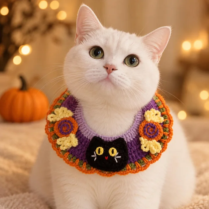 Black Cat Crochet Halloween Pet Collar, Purple Floral Tie-on Neckwear