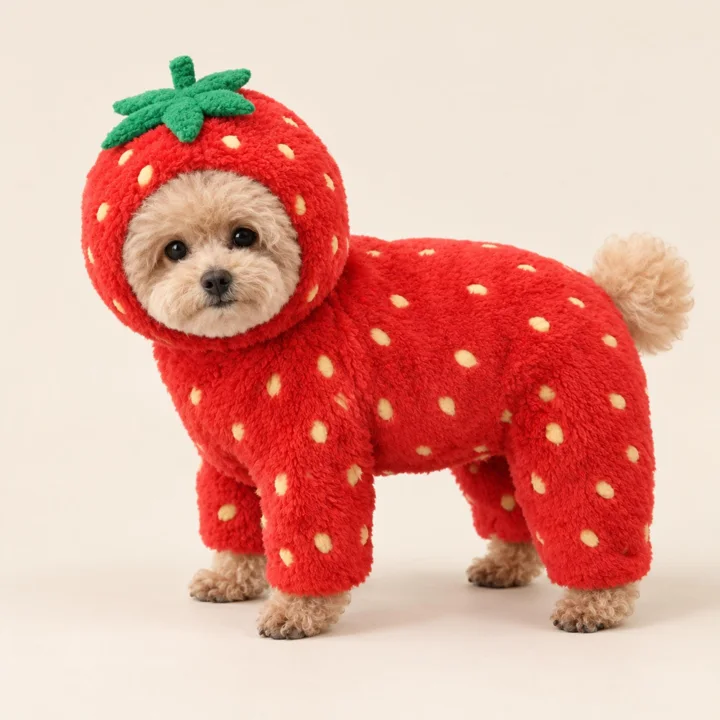 Strawberry Dog Costume, Red Plush Fruit Jumpsuit With Hood for Small Dogs