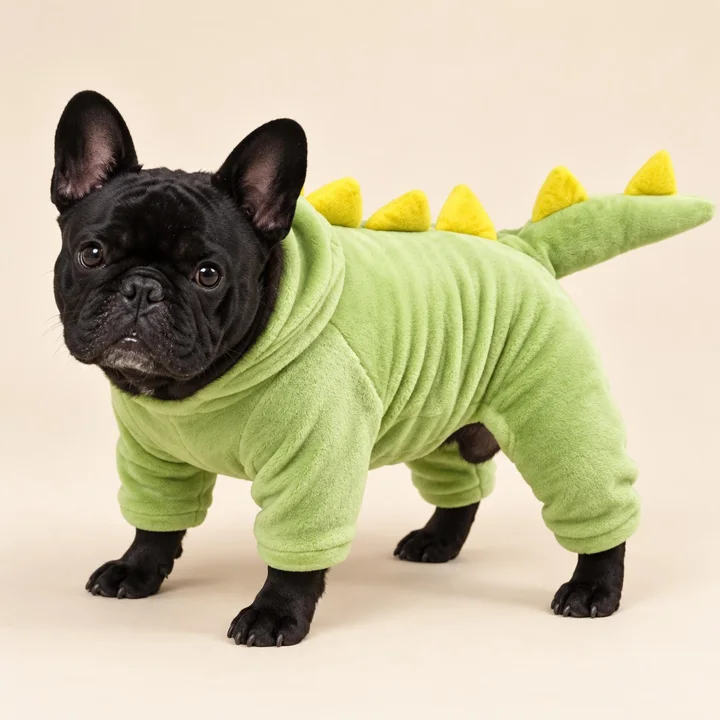 Dinosaur Dog Costume, Green Fleece Jumpsuit, Warm Dino Pajamas for Small Dogs