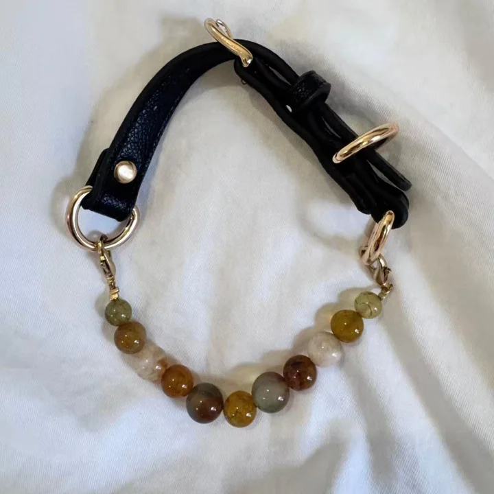 Earth-tone Crystal Dog Collar, Black Leather Beaded Pet Collar With Gold Hardware