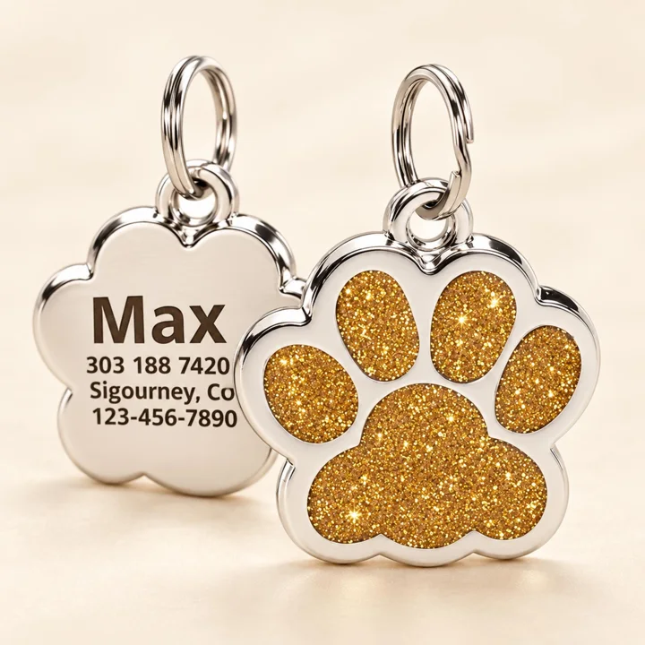 Personalized Glitter Paw Pet ID Tag, Engraved Dog & Cat Name Tag With Phone Number