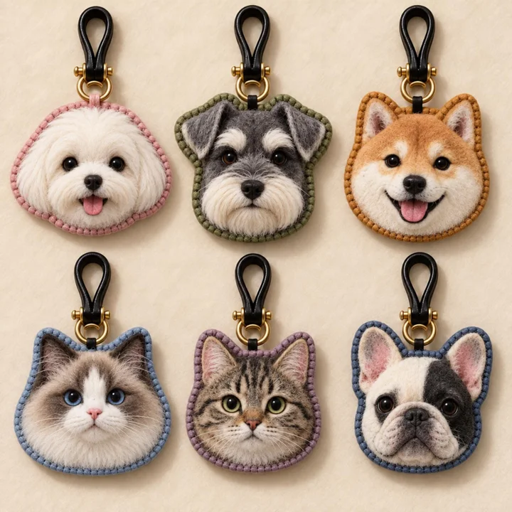 Custom Felt Pet Portrait Keychain From Photo, Handmade Dog & Cat Bag Charm