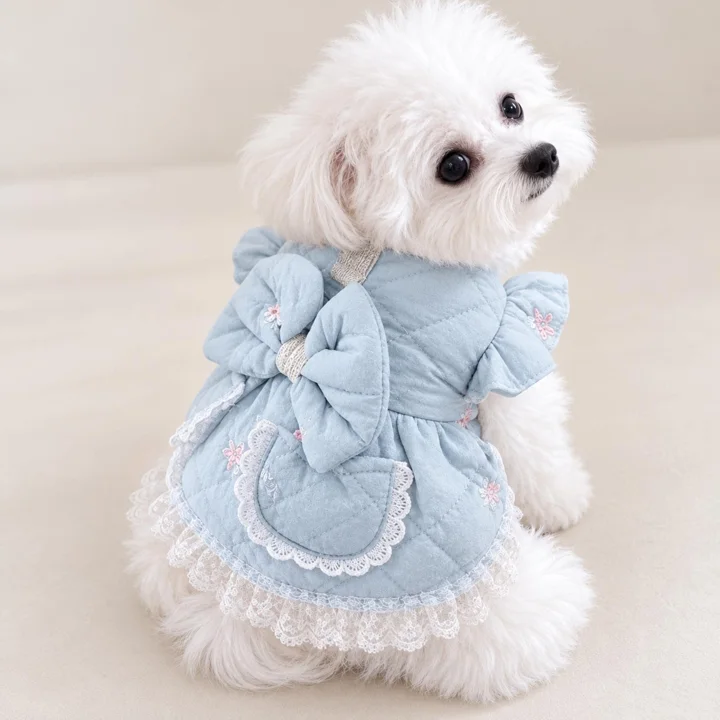 Quilted Pet Dress, Bow Back Outfit With Lace Pockets for Small Dogs and Cats