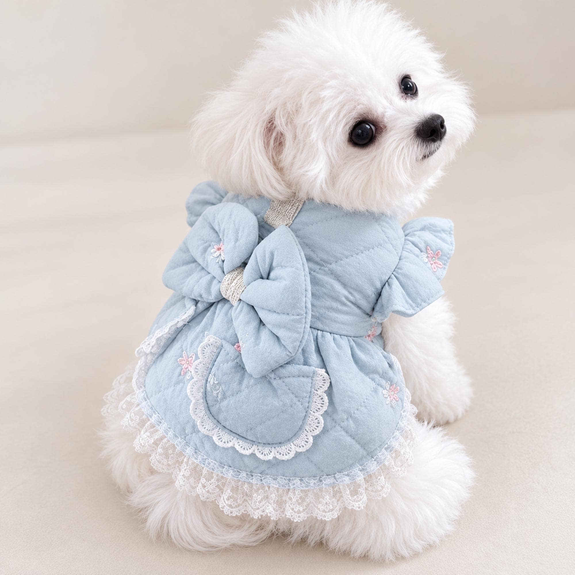 Quilted Pet Dress, Bow Back Outfit With Lace Pockets for Small Dogs and Cats — gallery photo 1