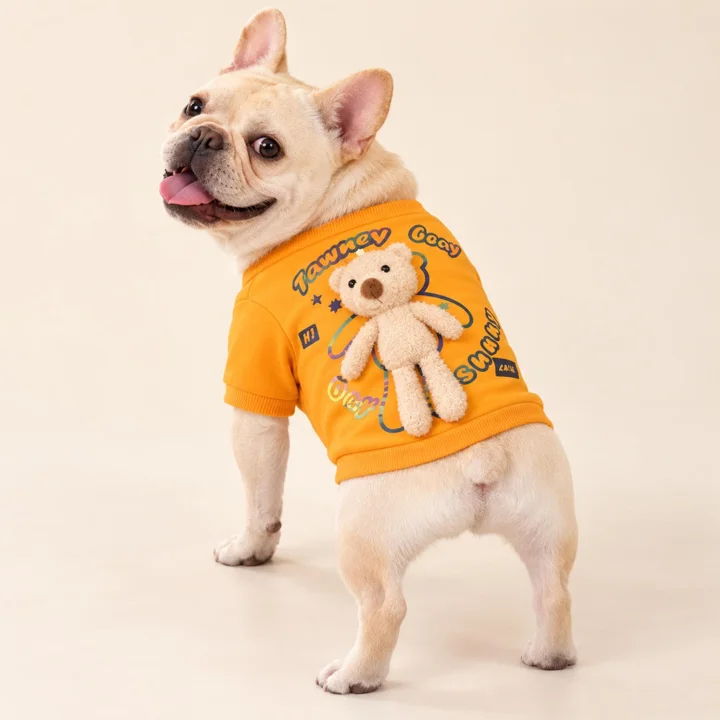 Teddy Bear Dog Shirt, Plush Back Detail, Short-sleeve Pet Top (green/orange)
