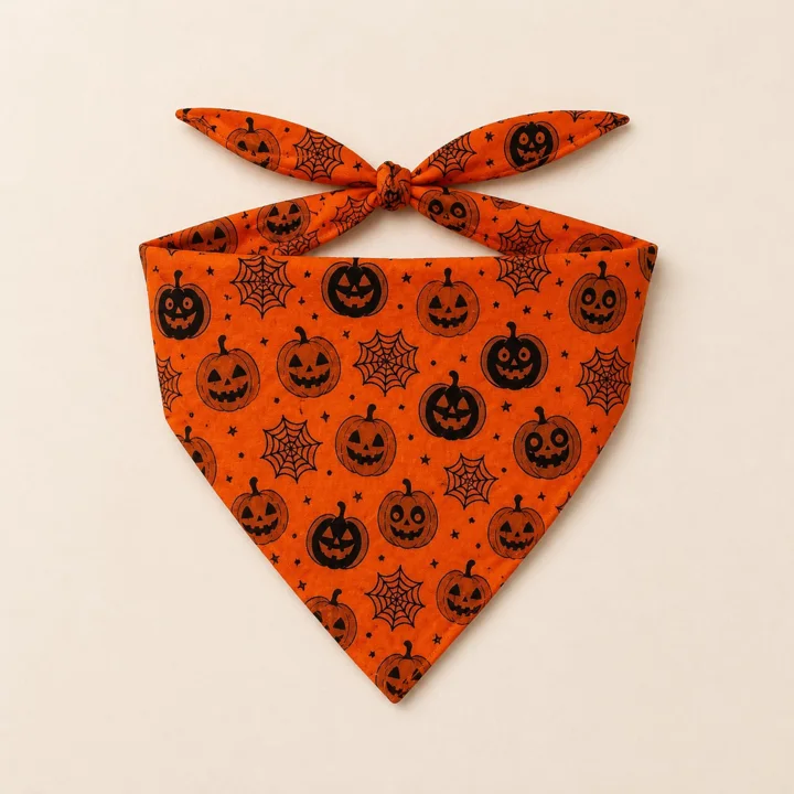 Orange Halloween Dog Bandana, Pumpkin Spiderweb Tie-on Pet Scarf