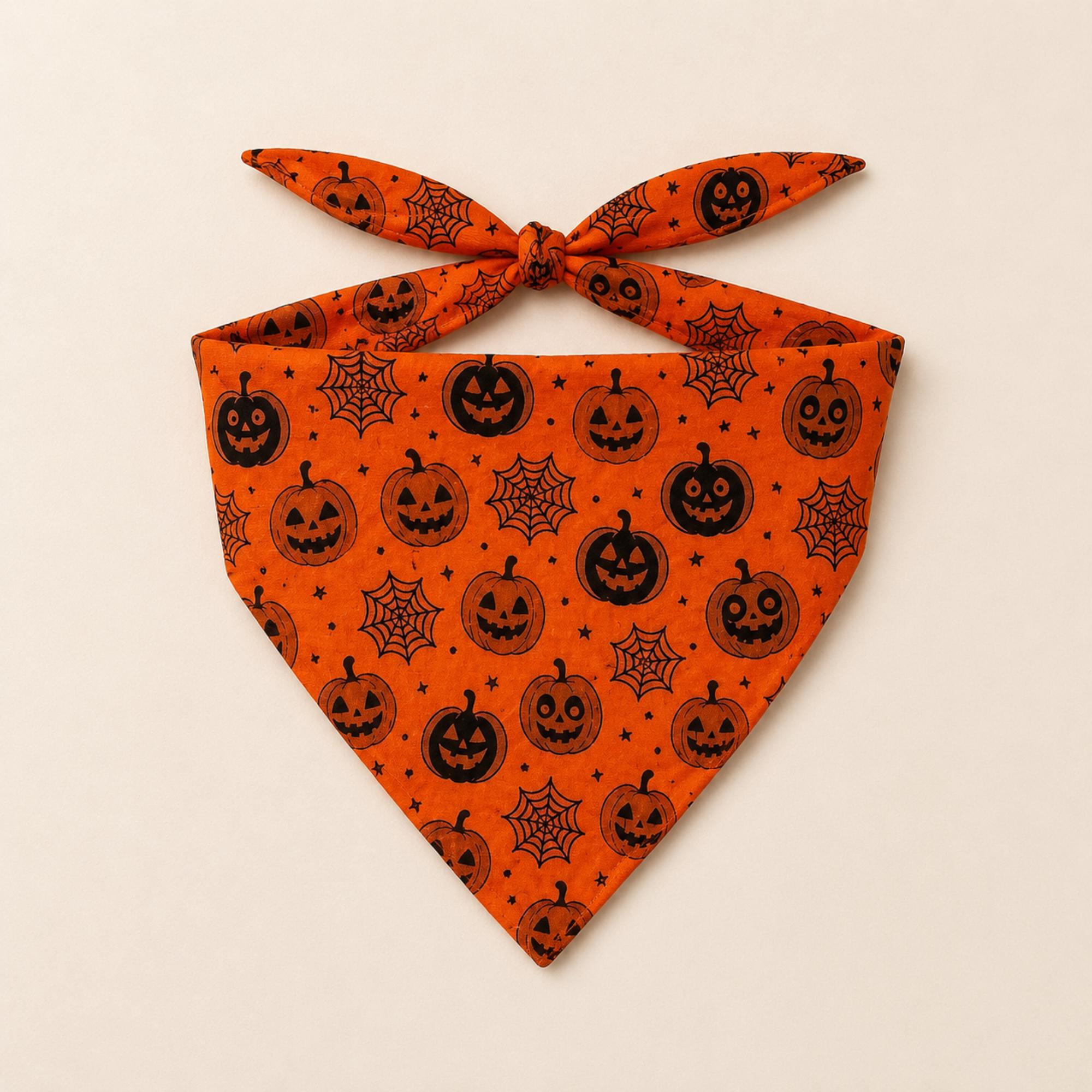 Orange Halloween Dog Bandana, Pumpkin Spiderweb Tie-on Pet Scarf — gallery photo 1