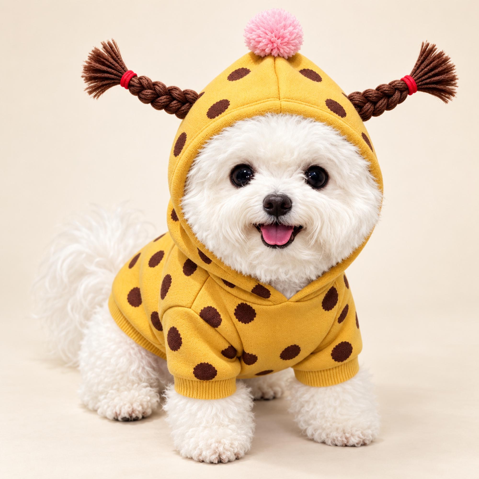 Polka Dot Dog Hoodie, Pom-pom Braided Pet Sweater, Cozy Small Dog Clothes — gallery photo 1