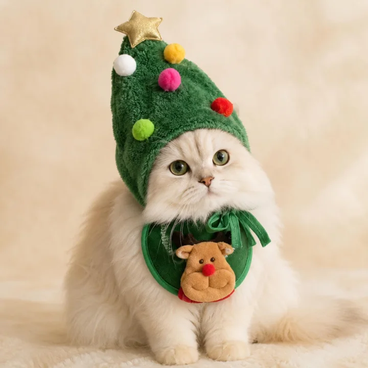 Christmas Tree Pet Hat & Reindeer Bib Set, Holiday Costume for Dogs , Cats