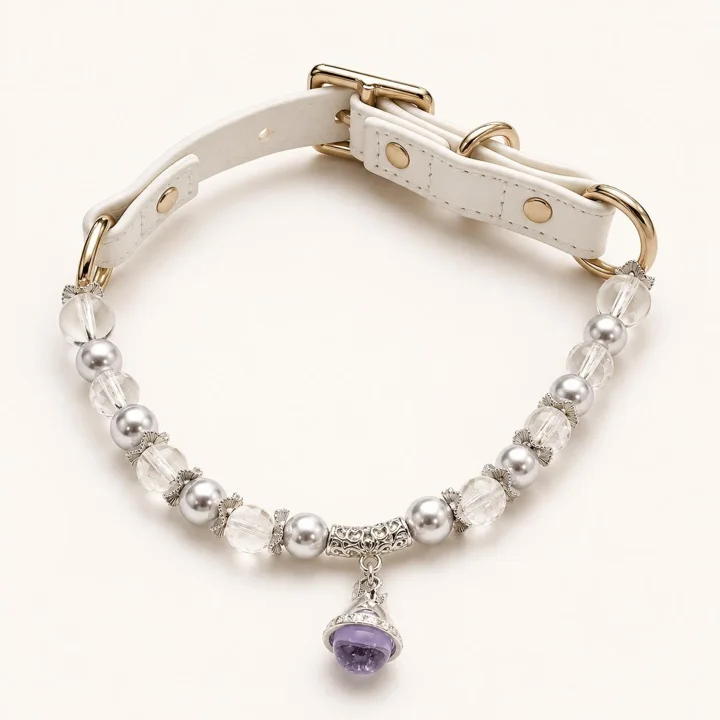 Pearl Dog Collar With Crystal Beads, Adjustable White Pet Necklace and Purple Charm