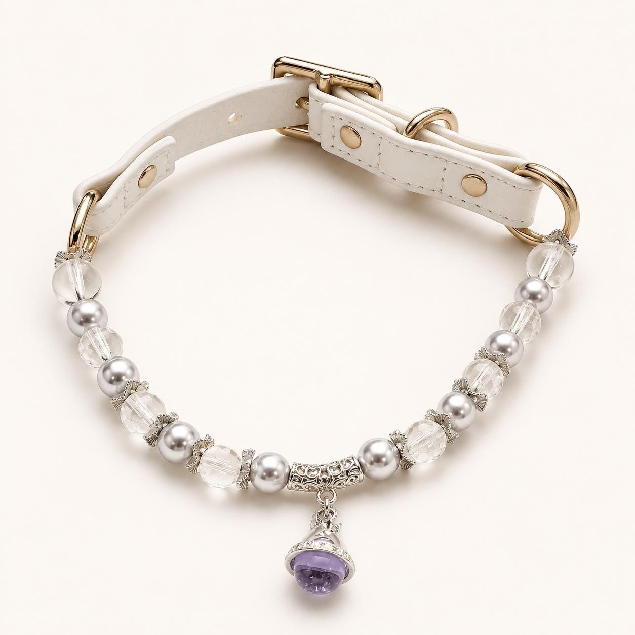 Pearl Dog Collar With Crystal Beads, Adjustable White Pet Necklace and Purple Charm — gallery photo 1