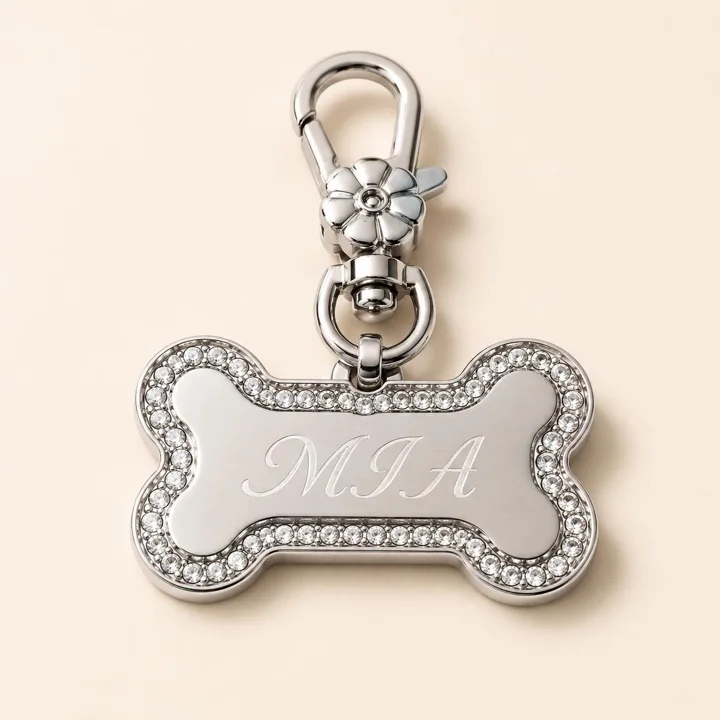 Personalized Silver Bone Pet ID Tag With Rhinestones and Custom Engraving