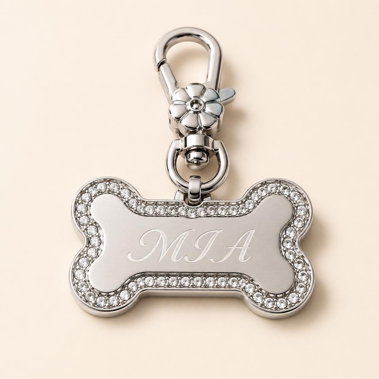 Personalized Silver Bone Pet ID Tag With Rhinestones and Custom Engraving — gallery photo 1