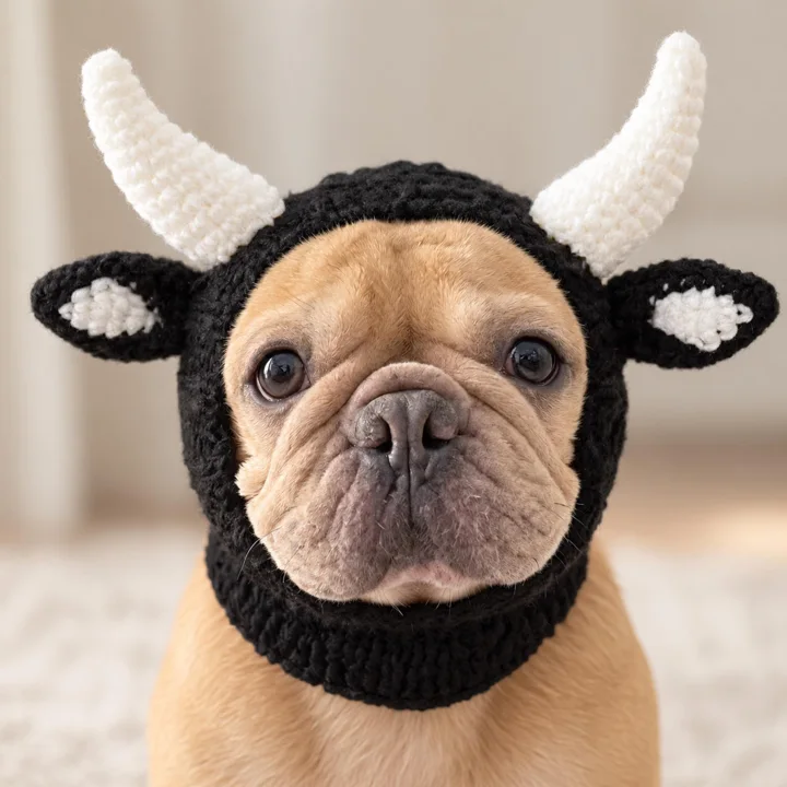 Handmade Crochet Cow Dog Hat, Black Pet Hood for Halloween, Dogs & Cats