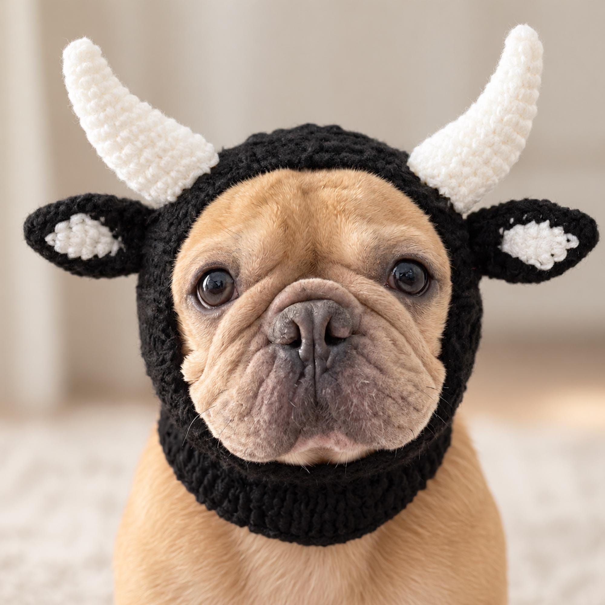 Handmade Crochet Cow Dog Hat, Black Pet Hood for Halloween, Dogs & Cats — gallery photo 1
