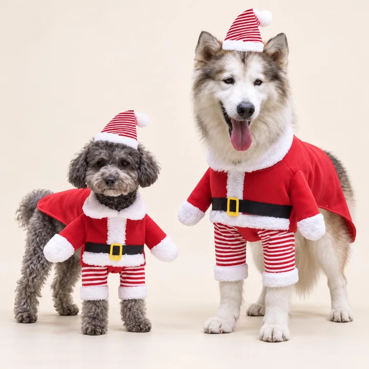 Standing Santa Dog Costume, Christmas Pet Outfit With Striped Hat, Holiday Santa Suit