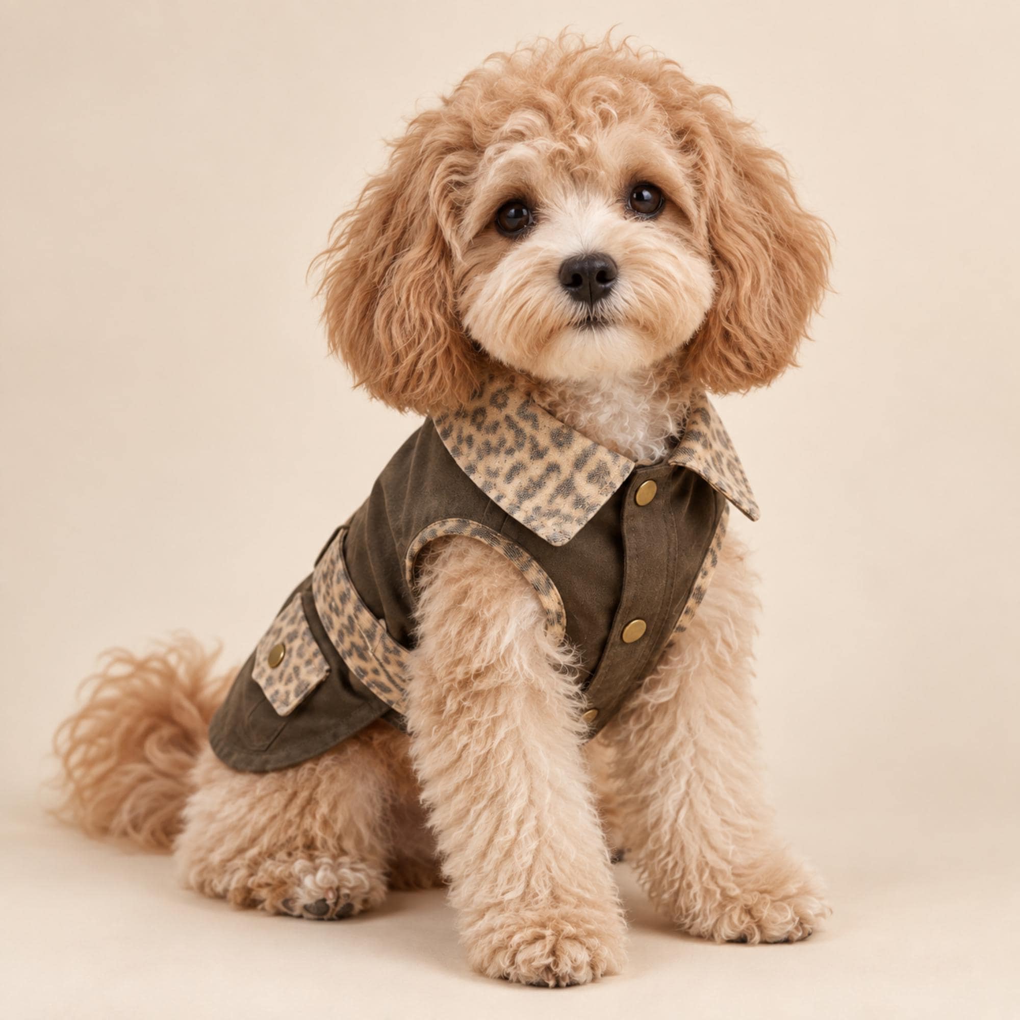 Vintage Leopard Dog Vest, Olive All-season Jacket With Built-in Leash Ring