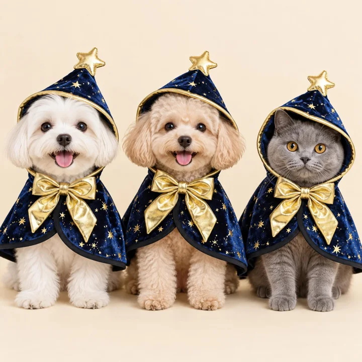 Navy Star Wizard Pet Cape, Gold Bow Halloween Costume for Dogs & Cats